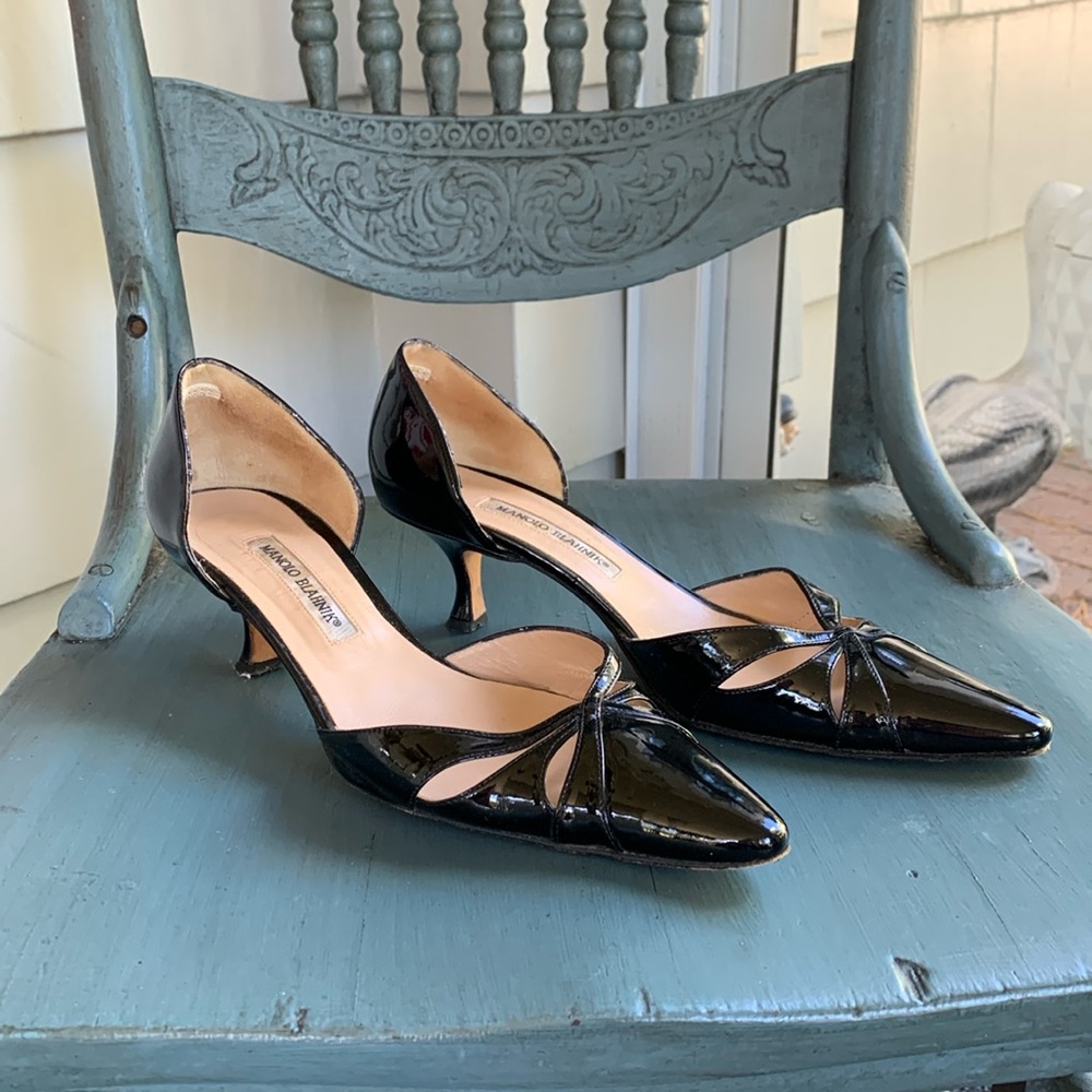Manolo Blahnik Black “Butterfly” Patent Kitten Heels Cutout Leather